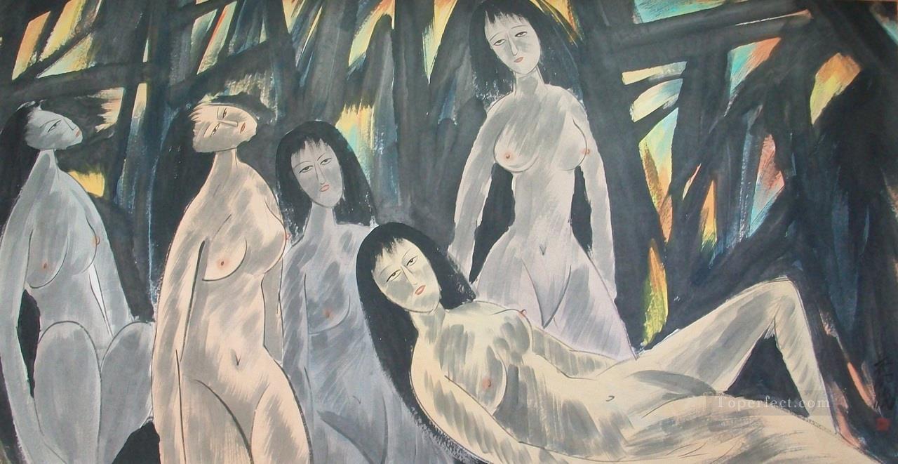 人の裸の女性古い中国のインク油絵